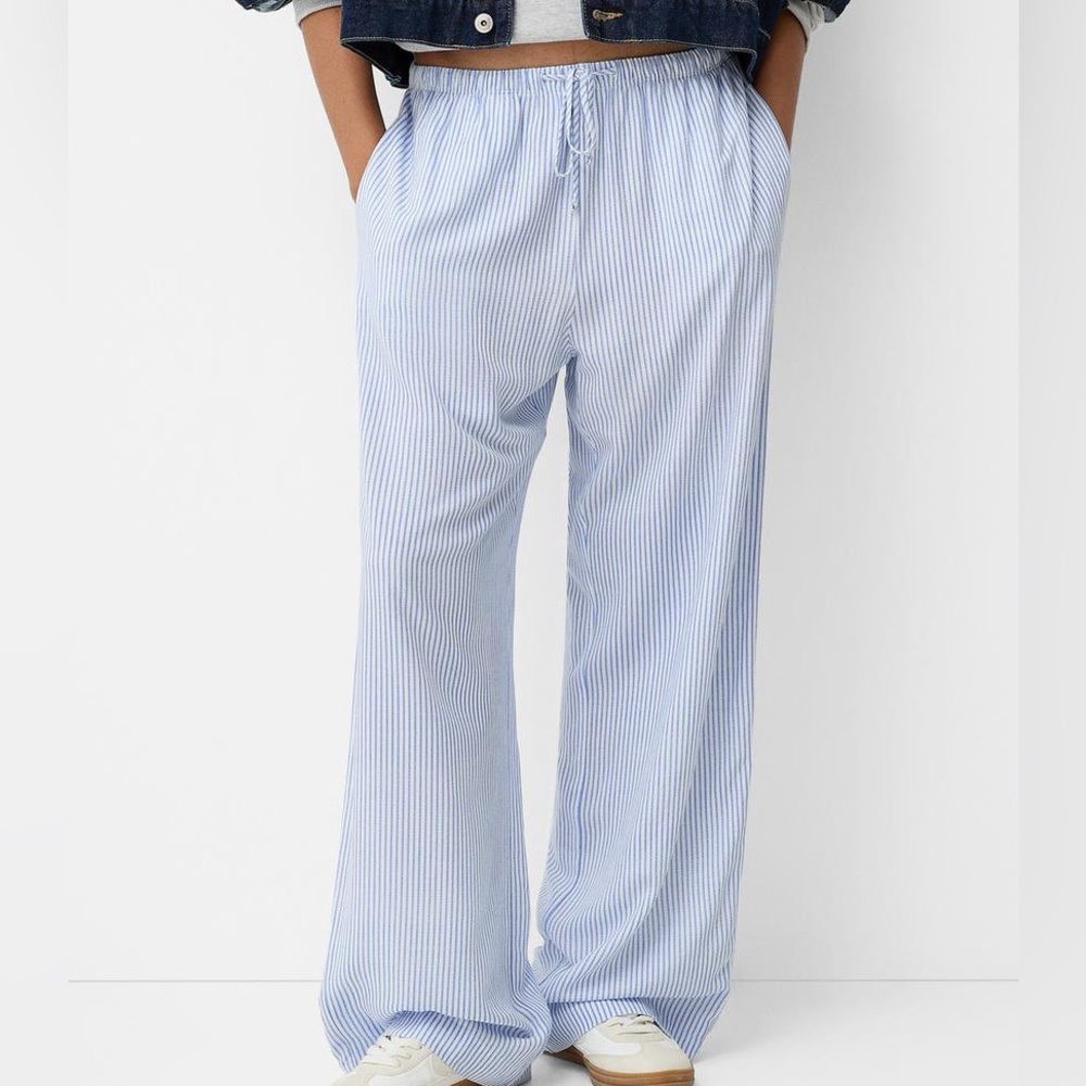 BERSHKA STRIPED ELASTIC WAIST STRAIGHT PANT